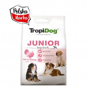 Karma TropiDog Premium Junior L bogaty w indyka i ryż dla psów dużych ras.